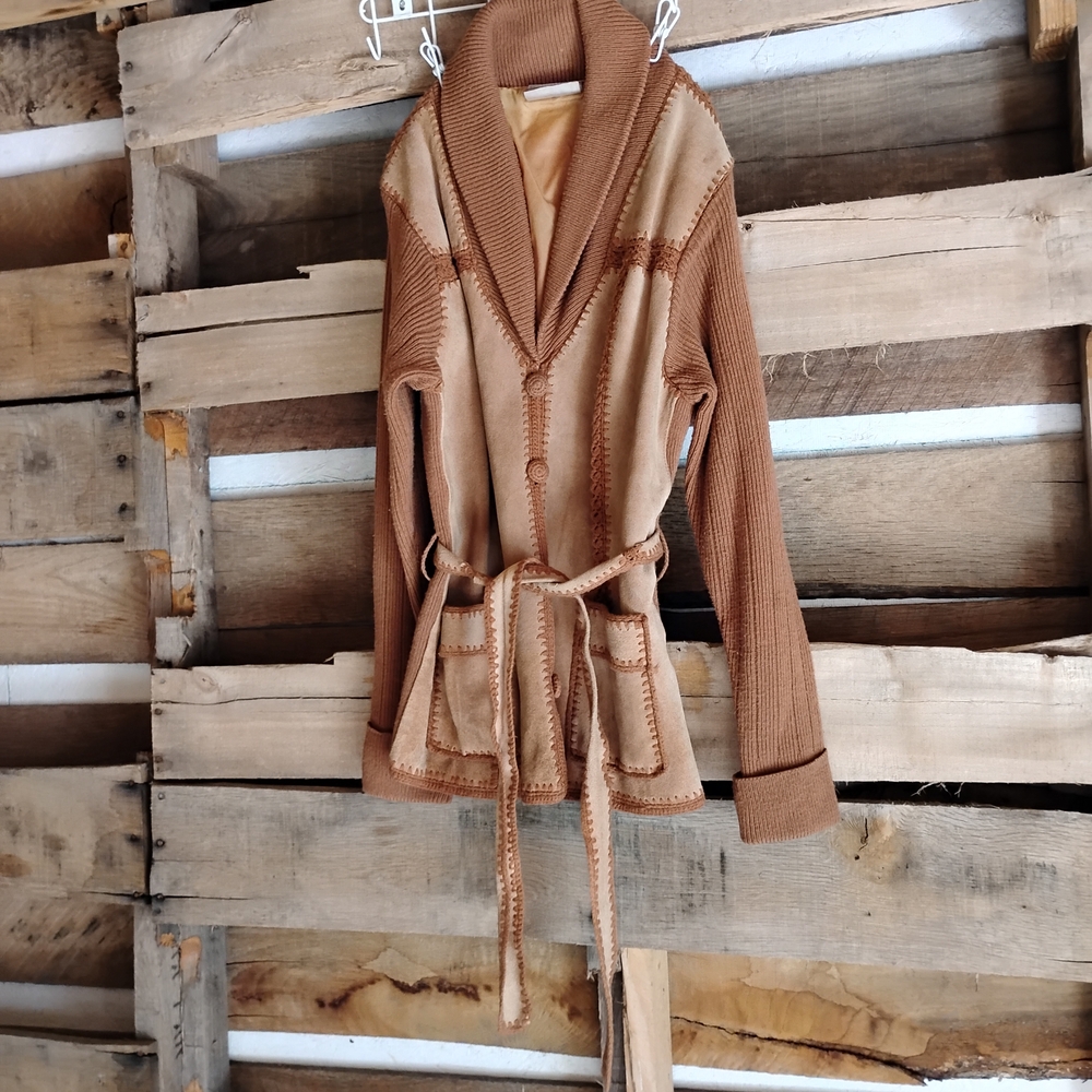 Vintage Patchwork Leather Cowhide Belted Sweater Jacket